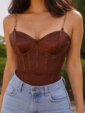 SHEIN Chocolate Brown Faux Leather Corset Bodysuit with Gold Chain Straps